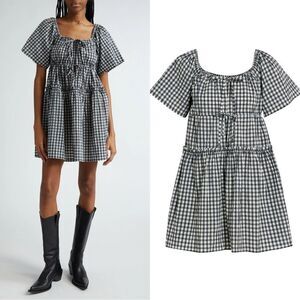 NWT GANNI Check Seersucker Tiered Minidress